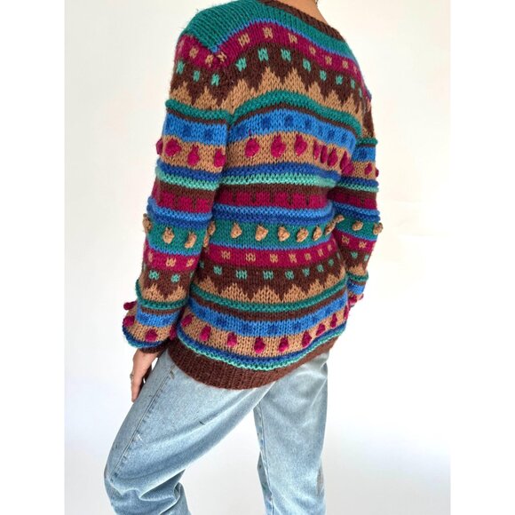 90s vintage multicolor striped polka dot pom poms textured chunky knit sweater - Picture 4 of 9